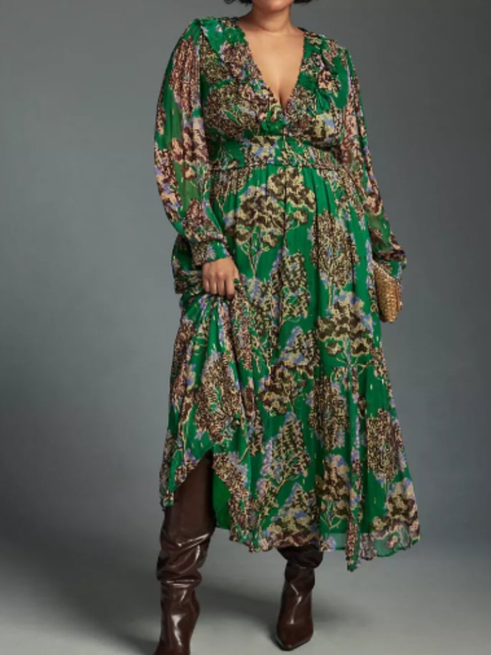 Anthropologie Odetta Ruffled V-Neck Maxi Dress XL Green Floral Boho